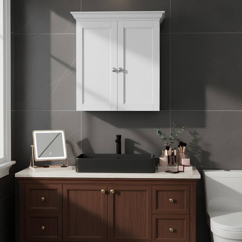 Teamson Home Stratford Removable Wall Cabinet 2 Doors, Adjustable Shelves, Crown Molding, Beveled Inlays for Bathroom Storage