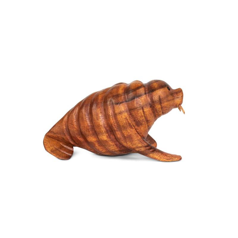 Wood Walrus Figurine Hand Carved Sea Animal Sculpture, Coastal Cabin Decor - 12" wide x 6.5" tall x 5" deep