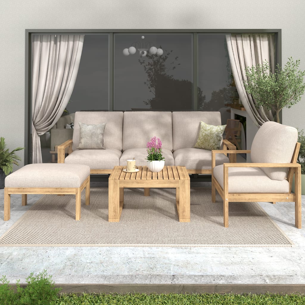 Christopher Knight Home - Oliver 4-Piece Acacia Wood Patio Sectional Sofa Set with Water-Resistant Cushions