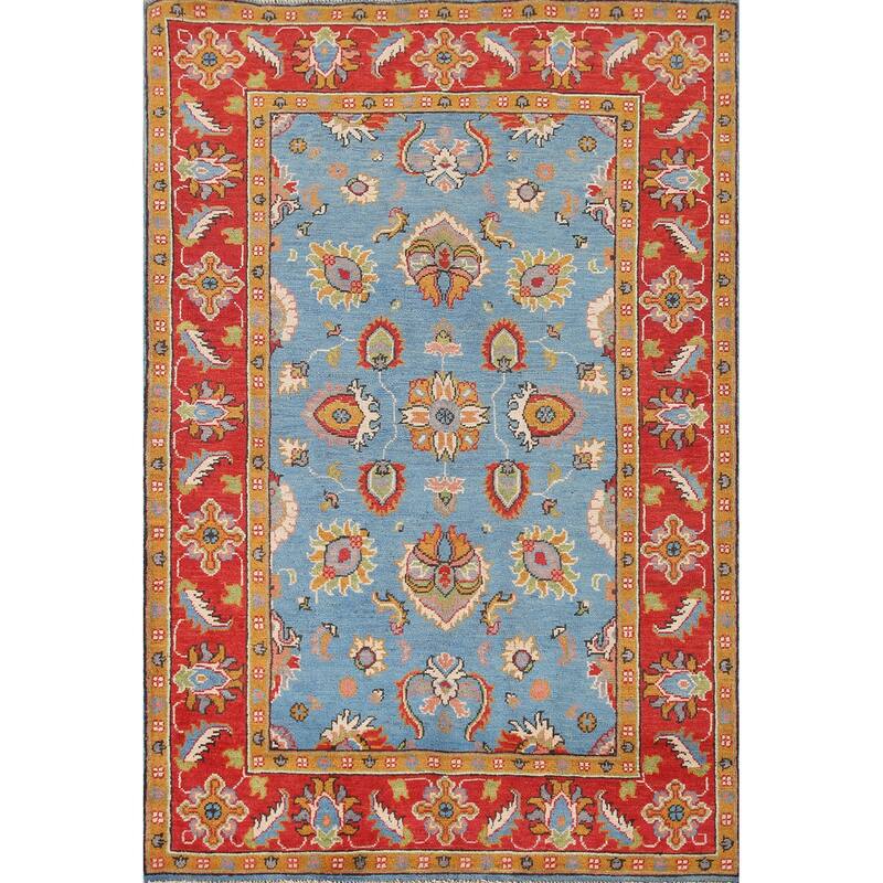Light Blue Floral Kazak Oriental Area Rug Hand-Knotted Wool Carpet - 4'1"x 6'0"
