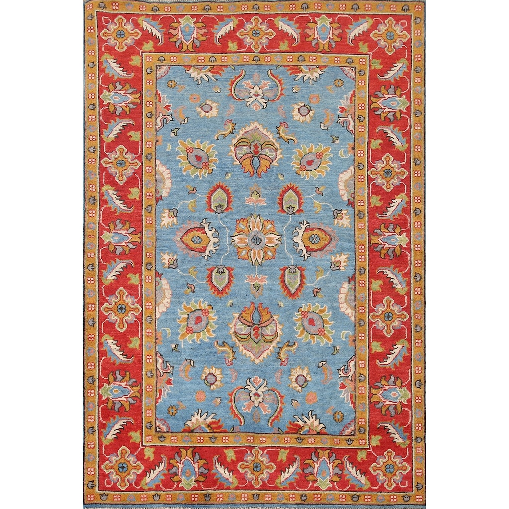 Light Blue Floral Kazak Oriental Area Rug Hand-Knotted Wool Carpet - 4'1"x 6'0"
