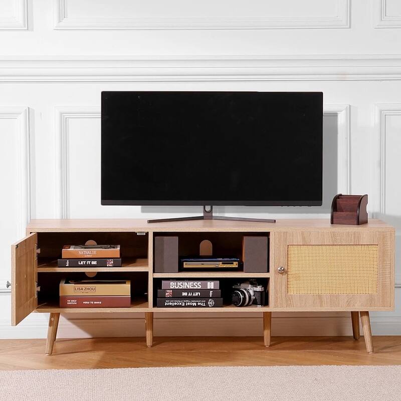 Rattan TV Stand for 65" TV Boho TV Stand with Build-in Socket Oak - 55 inches