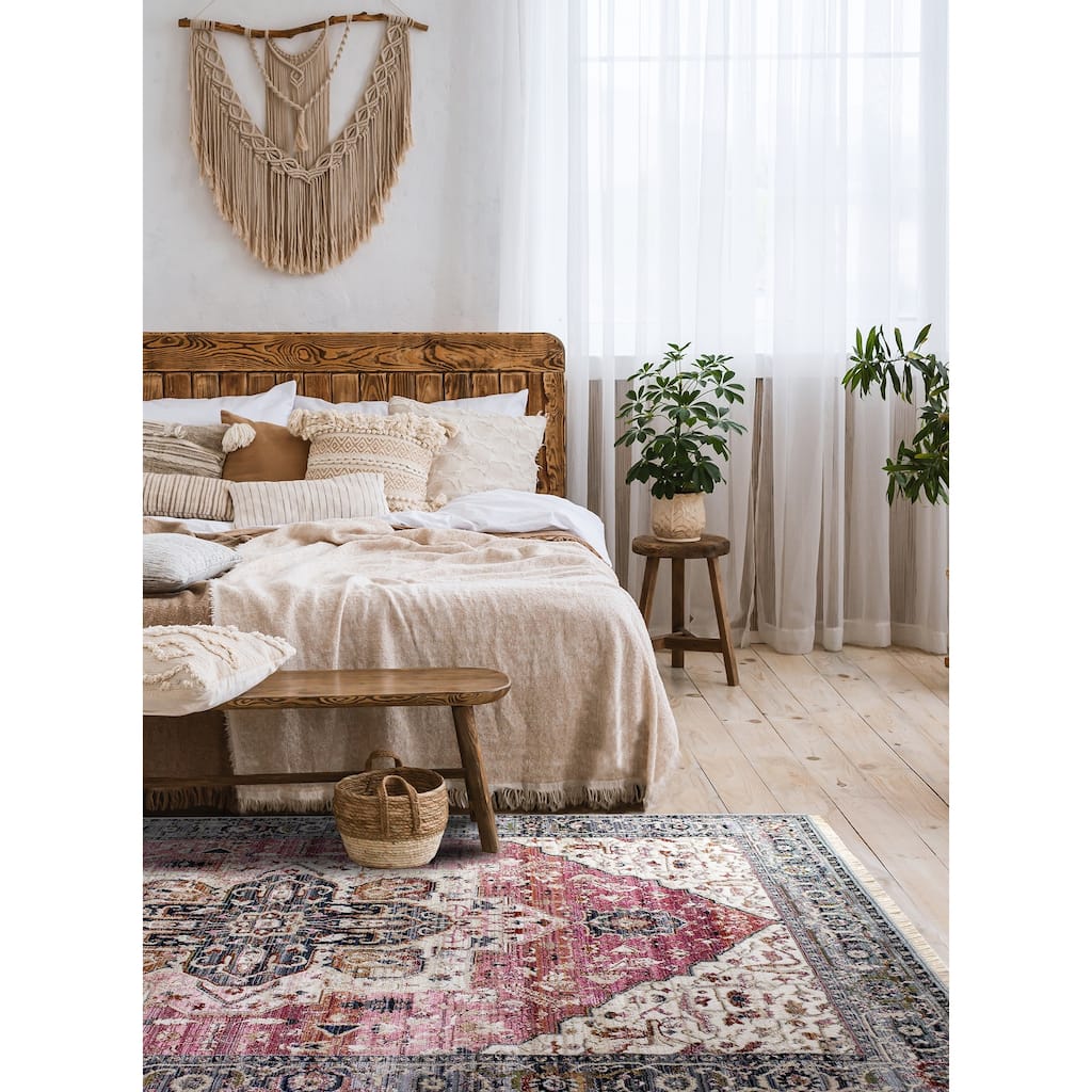 Sydney Collection - Pink/Cream/Blue Elaborate Border Rug
