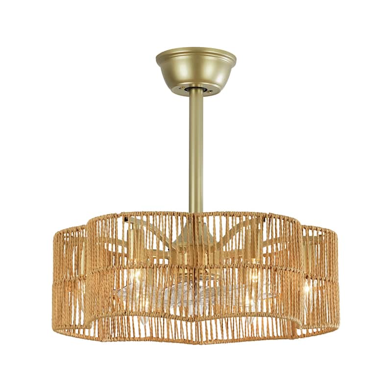 6-Light 19.6" Farmhouse Boho Gold and Brown 7-Blade Geometric Drum Ceiling Fan Lighting with Remote Included