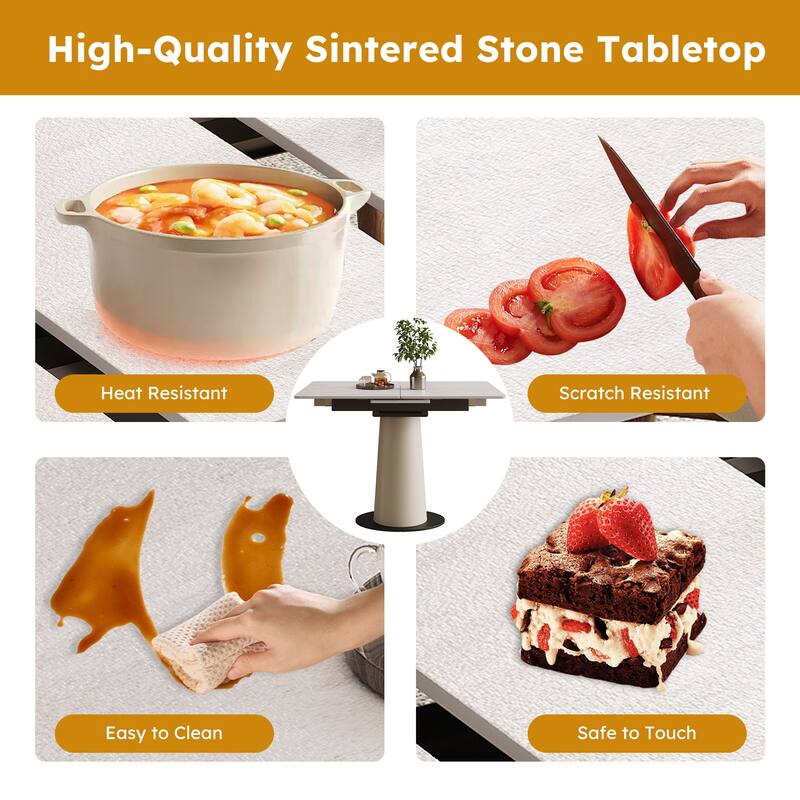 Roomfitters Retractable Sintered Stone Dining Table, Square Base, Expandable Desk & Leather Pedestal