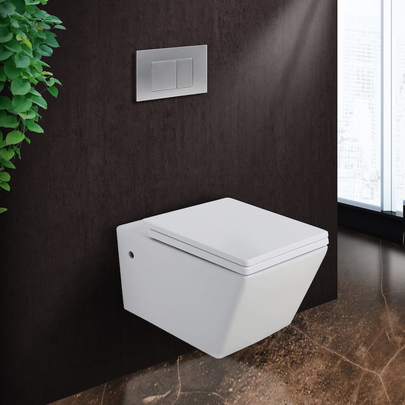 Toilet Combo Set - Toilet Bowl With Soft-Close Seat, 2"x 4" Concealed Tank And Carrier System, Push Buttons Included. - Chrome Square - Push Plates (Plastic)