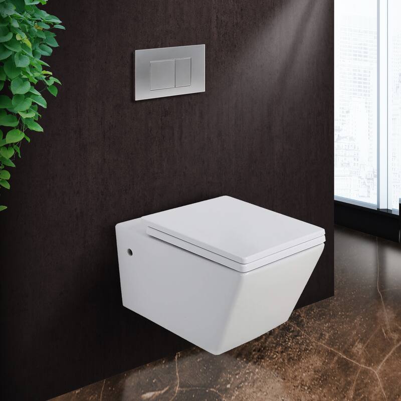 Toilet Combo Set - 21" Toilet Bowl With Soft-Close Seat, 2"x 6" Concealed Tank And Carrier System, Push Buttons Included. - Chrome Square - Push Plates (Plastic)