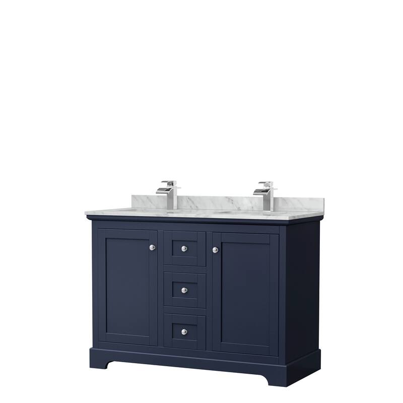Avery 48-Inch Double Vanity Set with Square Sinks, No Mirror - Dark Blue, Chrome Trim, White Carrara Marble Top