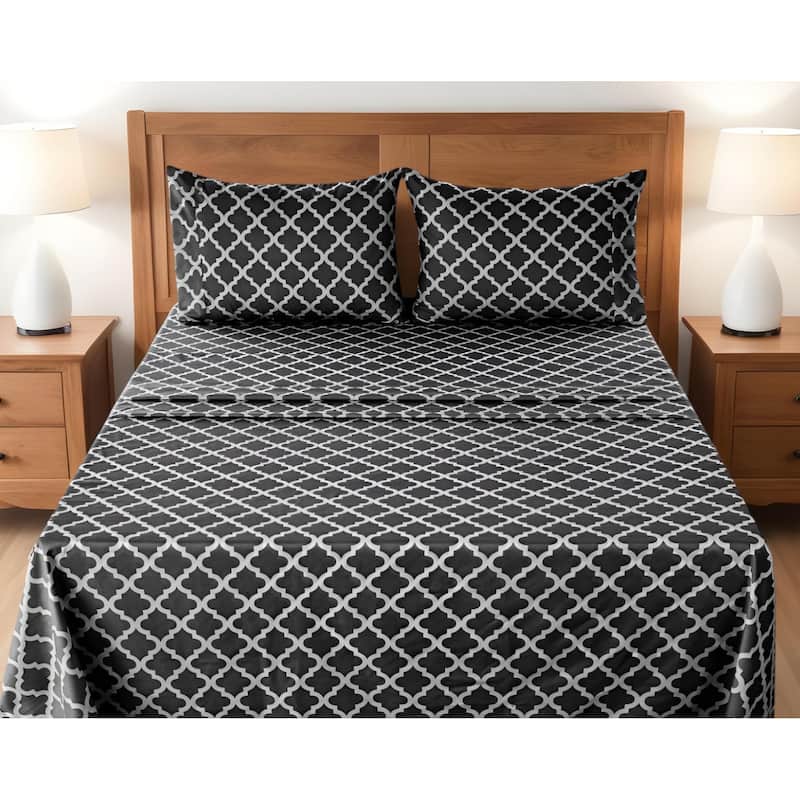 Four Piece Black and White Quatrefoil Microfiber California King Sheet Set - Black and White - California King
