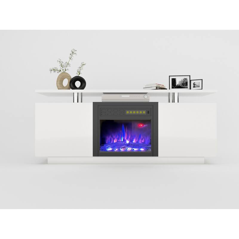 70" High Gloss TV Stand with Built-In Electric Fireplace, 9-Color Flame, Storage Shelves & Remote, for 80" TVs