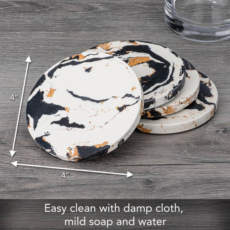 4 Pack Black & Gold Round Resin Coasters 4.75" Round Heat Tolerant Protects Surfaces Easily Wipes Clean