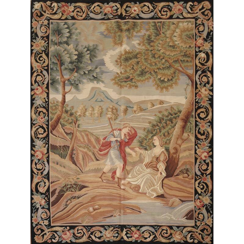 Hand Woven Oriental 100% Wool Carpet Traditional Pictorial Beige & Ivories Tapestries Area Rug - 5' 11'' X 4' 9''