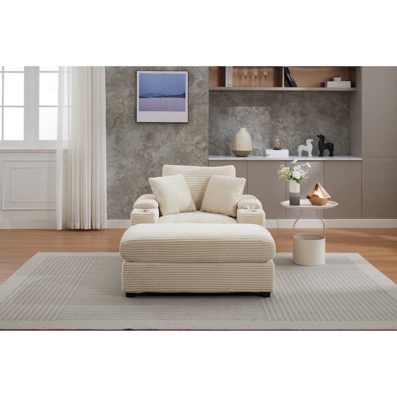 Corduroy Upholstered Chaise Lounge with Movable Ottoman, Living Room Storage Sofa Chair with Cup Holder, Detachable Cushions