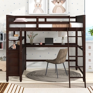 Versatility Full Size Wooden Loft Bed Kids Teens Bed with 6 Storage Drawers and Desk, Shelves