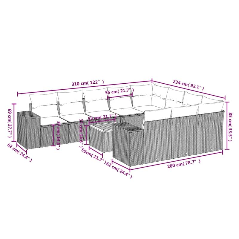vidaXL 11 Piece Patio Sofa Set with Cushions Gray Poly Rattan