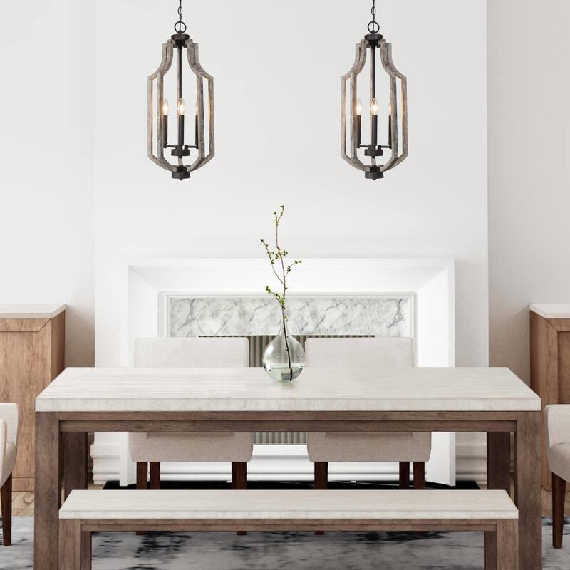 Modern Farmhouse 3-Light Wood Chandelier Lantern Island Lights for Dining Room - 12.5" W X 27" H