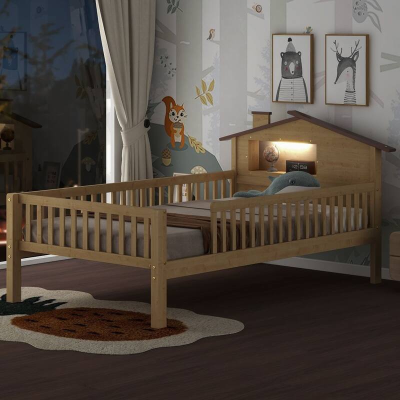 Wood Platform Bed with House-Shaped Headboard