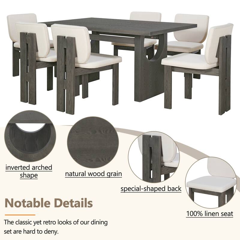 7-Piece Wood Kitchen Dining Table Set, Unique Chair Legs, 1 Rectangular Table with Designed Trestle Base & 6 Upholstered Chairs