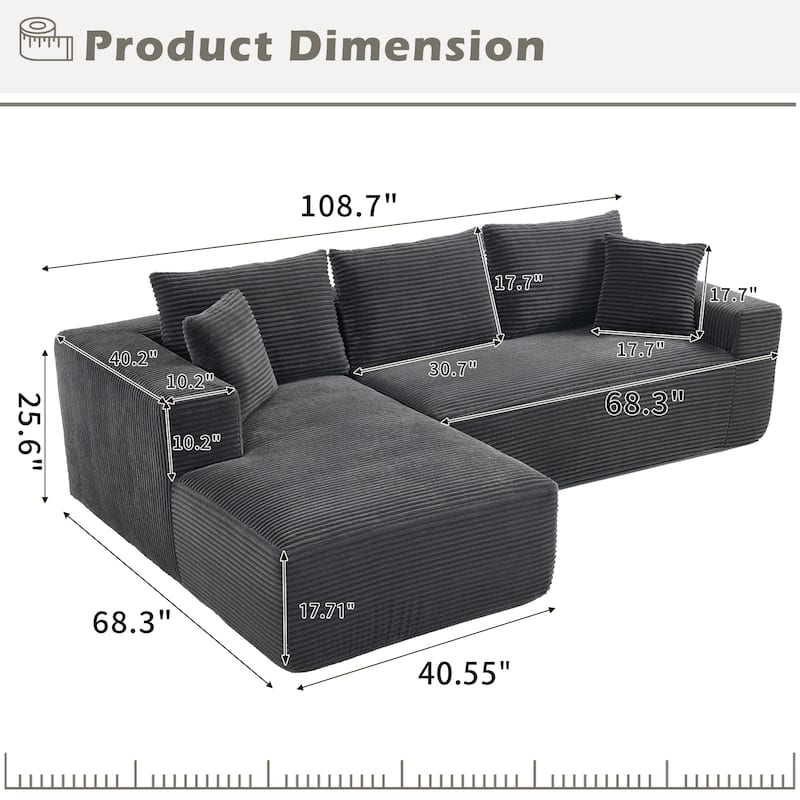 Modular Sectional Cloud Sofa with L-Shape Chaise, Oversized Corduroy Upholstered Boneless Sofa, Corner Sofa with Deep Seat