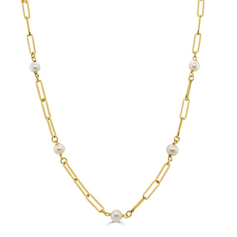 Joelle Collection Freshwater Pearl Station Paperclip Link Necklace 14K Gold - 18 Inch - 4.5-5 MM - White