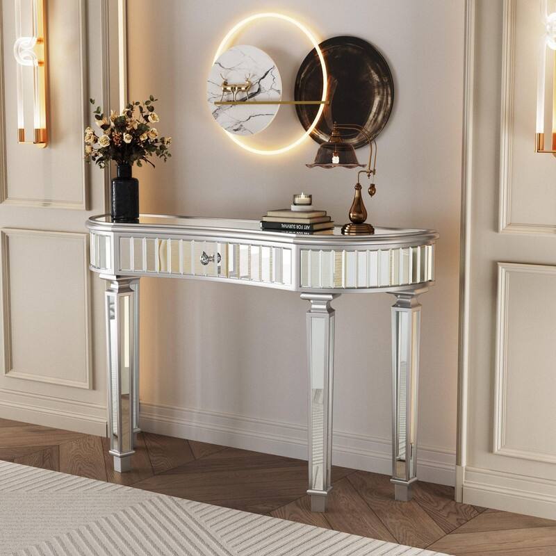47" Half-Moon Mirrored Console Table with Fluted Glass and Storage Drawer for Stylish Entryway or Vanity