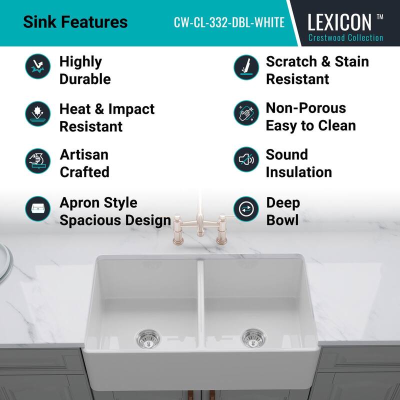 Crestwood 33" Classic Double Bowl Apron Fireclay Sink - White