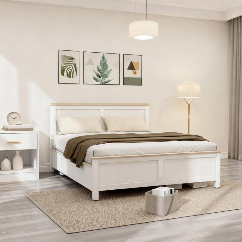 Modern White Full Bed Frame with Headboard, Minimalist Design, 660 lbs Capacity