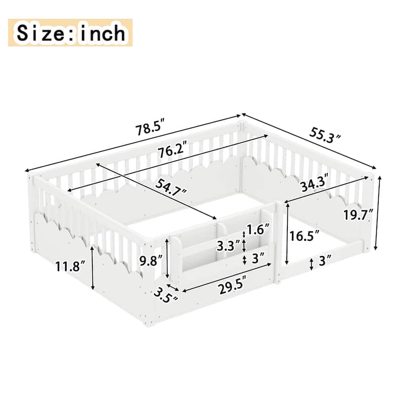 Full Floor bed with Heightened Fence and bookshelf, Wood Floor Bed for Kids