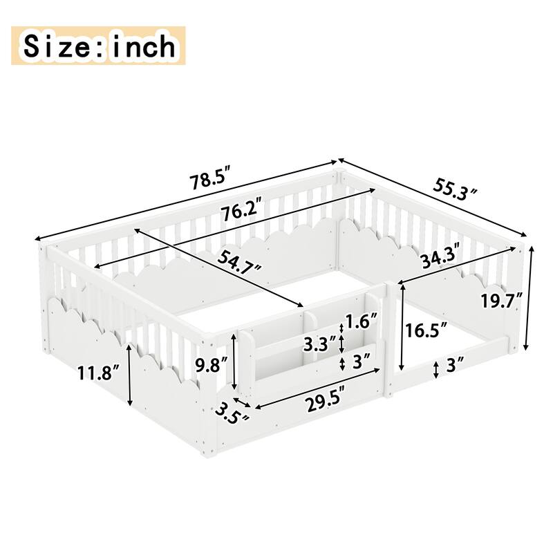 Roomfitters Floor Bed with Bookshelf and Heightened Fence, Solid Wood Frame with Guardrails