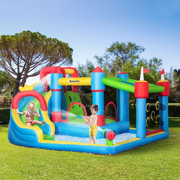 slide 2 of 9, Outsunny 6-in-1 Inflatable Water Slide, Kids Castle Bounce House Includes Slide, Trampoline, Pool, Water Gun, Climbing Wall Kids - Slide area: 98.5"L x 21.25"W x 47.25"H
