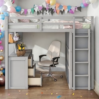 Modern Full Size Loft Bed With Drawers,Desk and Wardrobe,Sturdy Construction