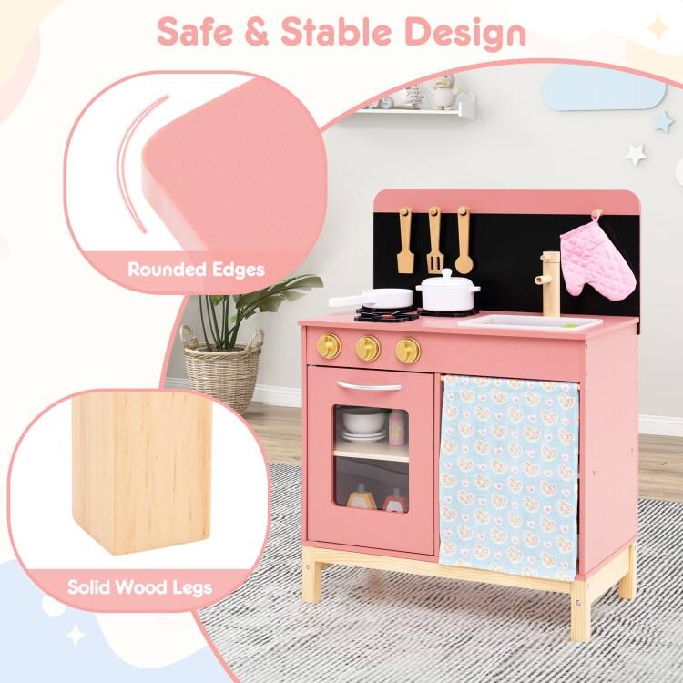 Pink Solid Wood Kids Kitchen Playset with Accessories and Storage - 21" × 11.5" × 29"
