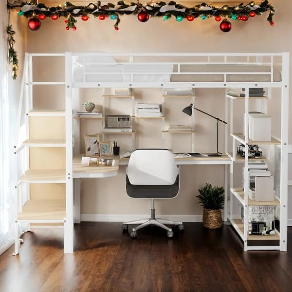 slide 2 of 36, Metal Full Size Loft Bed with Storage,Small Wardrobe,Built-in Desk,Kids Bed Design White