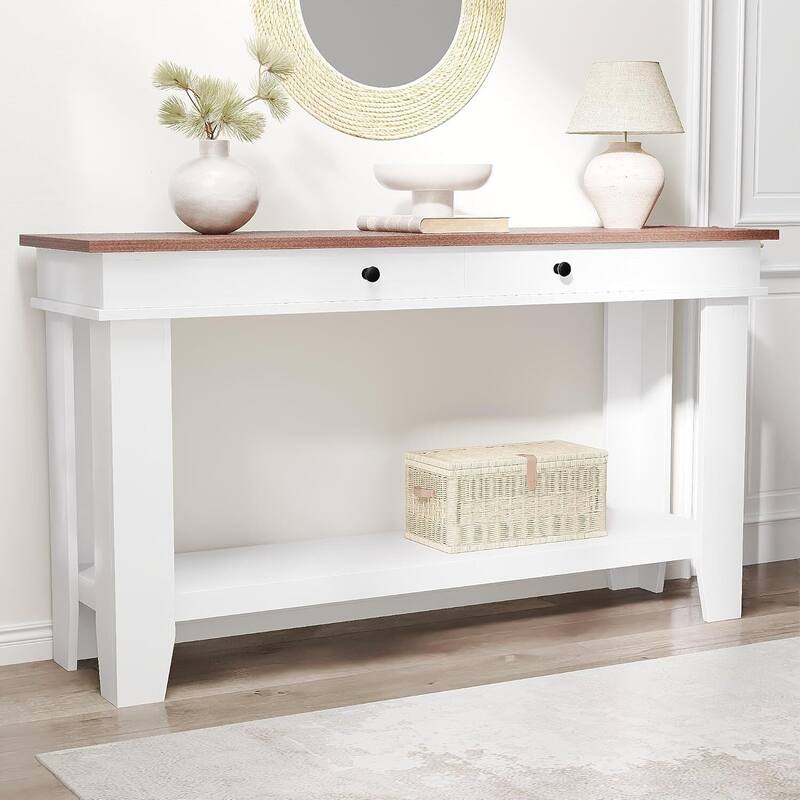 2 Tier Farmhouse Entryway Table, Console Table with 2 Storage Drawers