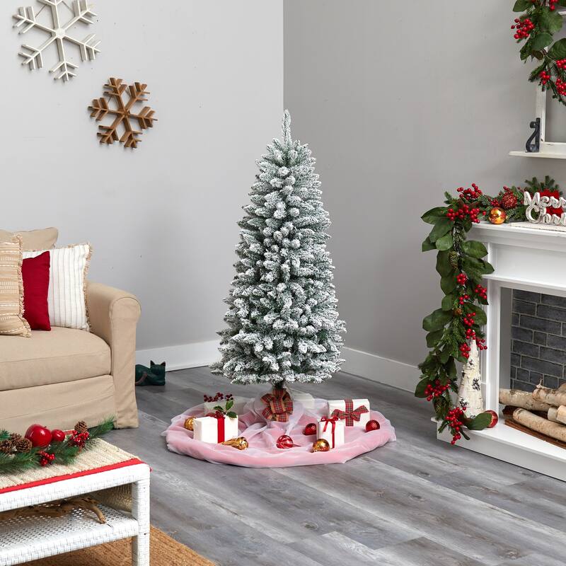 5ft Slim Artificial Christmas Tree with Lights - Winter Fir Tree, Prelit Holiday Decor, Realistic Flocked Tree - White - 60