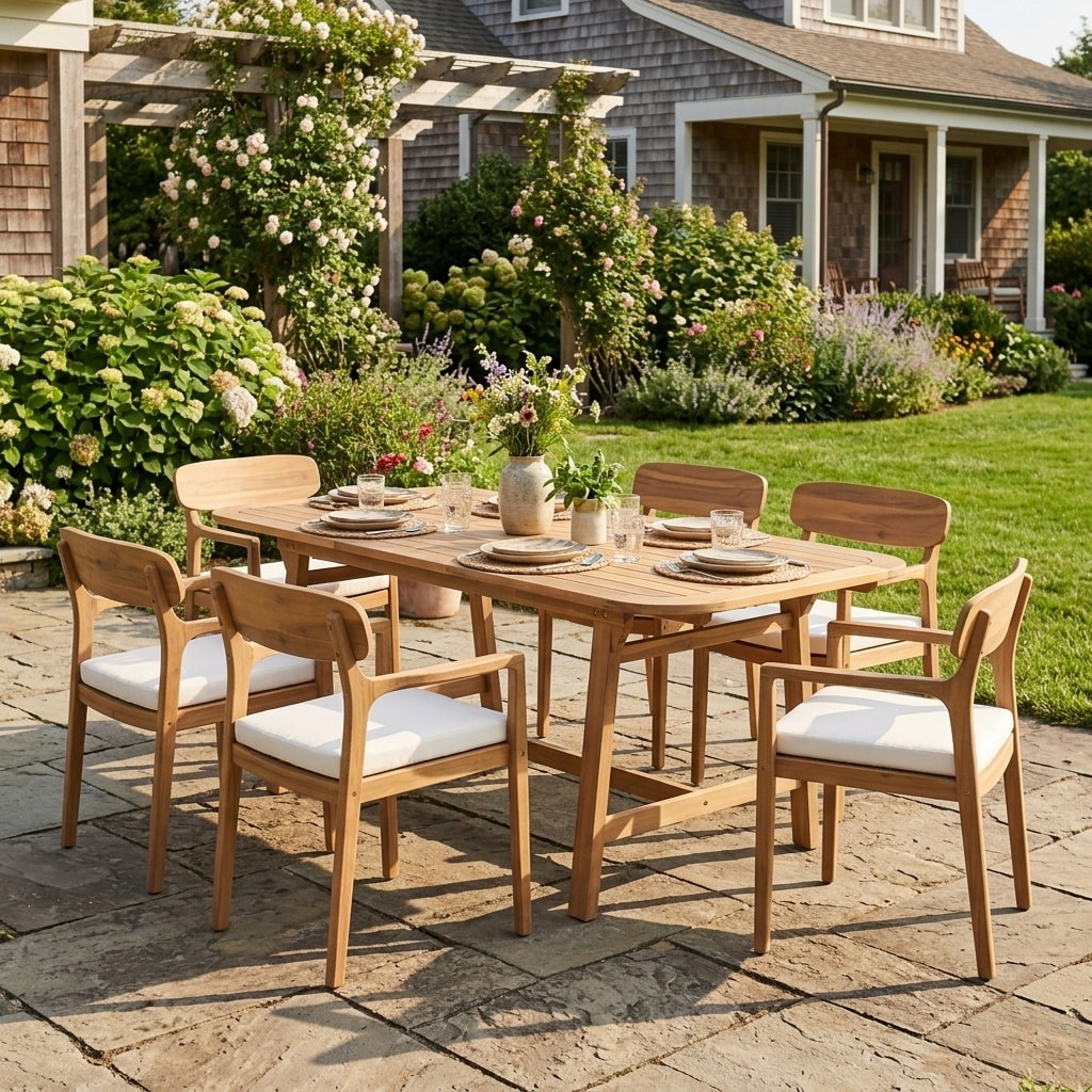 Christopher Knight Home - 7-Piece Outdoor Extendable Acacia Wood Dining Set with Cushioned Dining Chairs