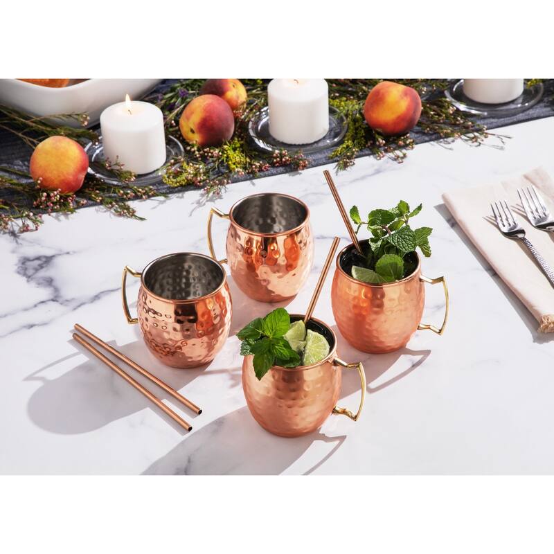 Moscow Mule Mugs Bar Accessories Drinking Cups 14 oz - 8 Pieces - 4 Cups & 4 Straws - Copper