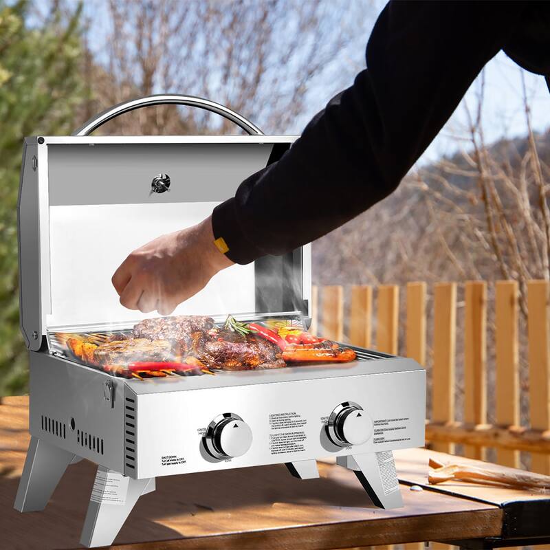 Portable Gas Grill with 2 Burner Folding Legs Built in Thermometer