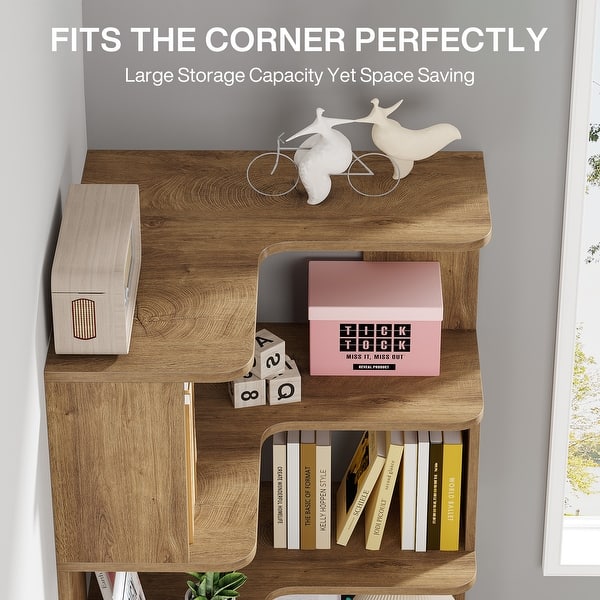 dimension image slide 4 of 6, 6-Tier Corner Bookshelf, 64.9 Inch Industrial Bookcase with Baffles