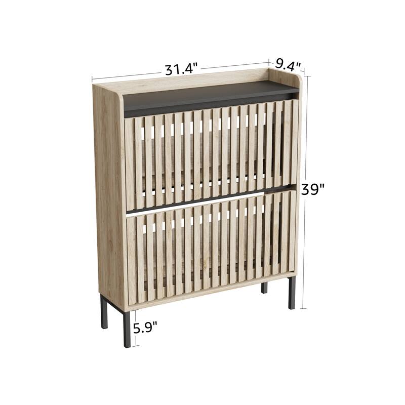 Shoe Storage Cabinet with 2 Fluted Flip Doors, Freestanding Entryway Organizer, Slim Shoe Rack with Metal Legs