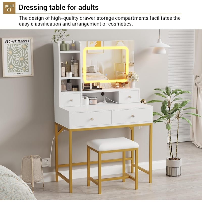 4 Drawer Vanity Desk with Mirror, Makeup Vanity Table for Bedroom