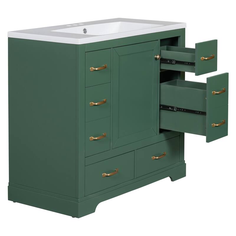 Bathroom Vanity with Ceramic Sink, Vanity Set with 6 Drawers and Soft Closing Door, Bathroom Cabinet with Adjustable Shelf