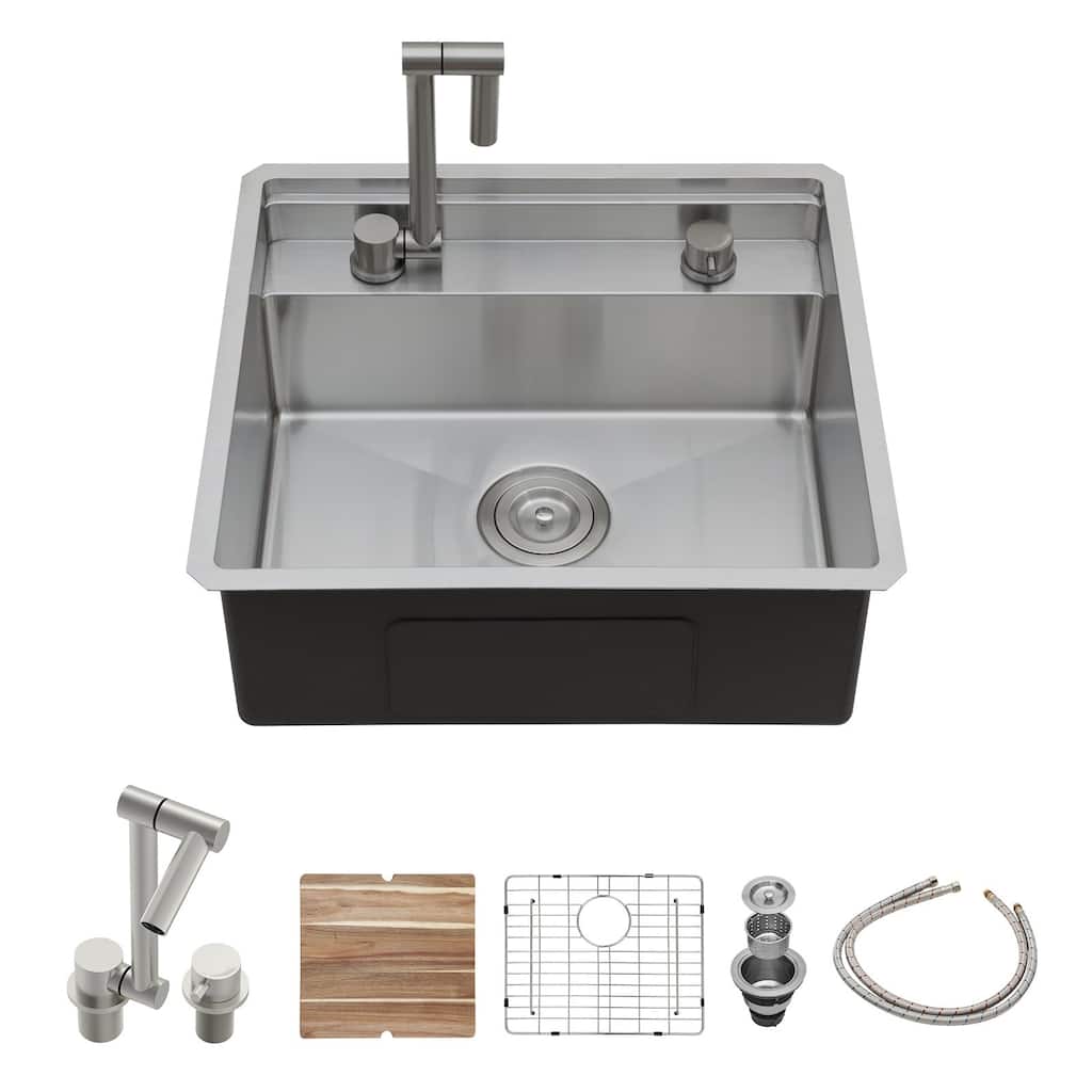 Lordear 21" Stainless Steel Sink Undermount Workstation Single Bowl Bar Sink or Kitchen Sink with Folding Faucet