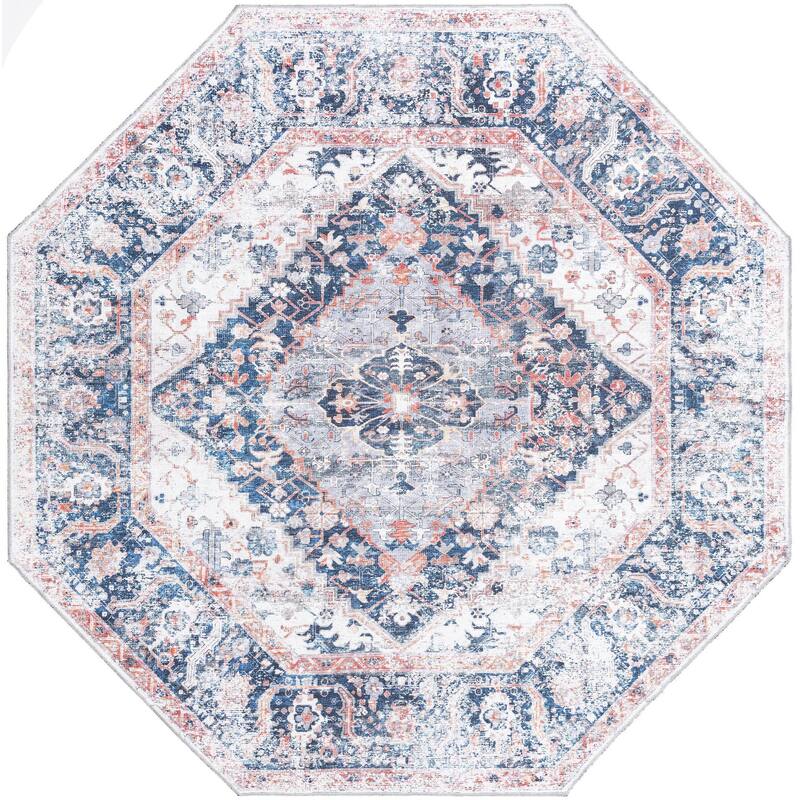 Traditional Tira Collection Area Rug - 7'10"x7'10" Octagon - Navy Blue