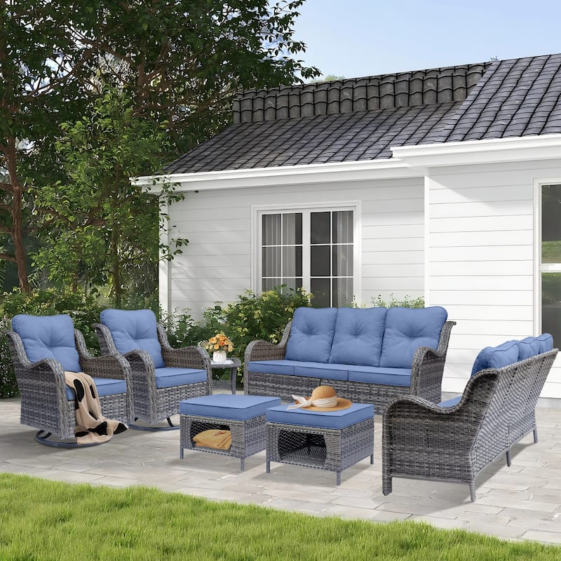 Outdoor Furniture-7 Piece Patio Furniture Set with Swivel Rocker Chair - Denim Blue