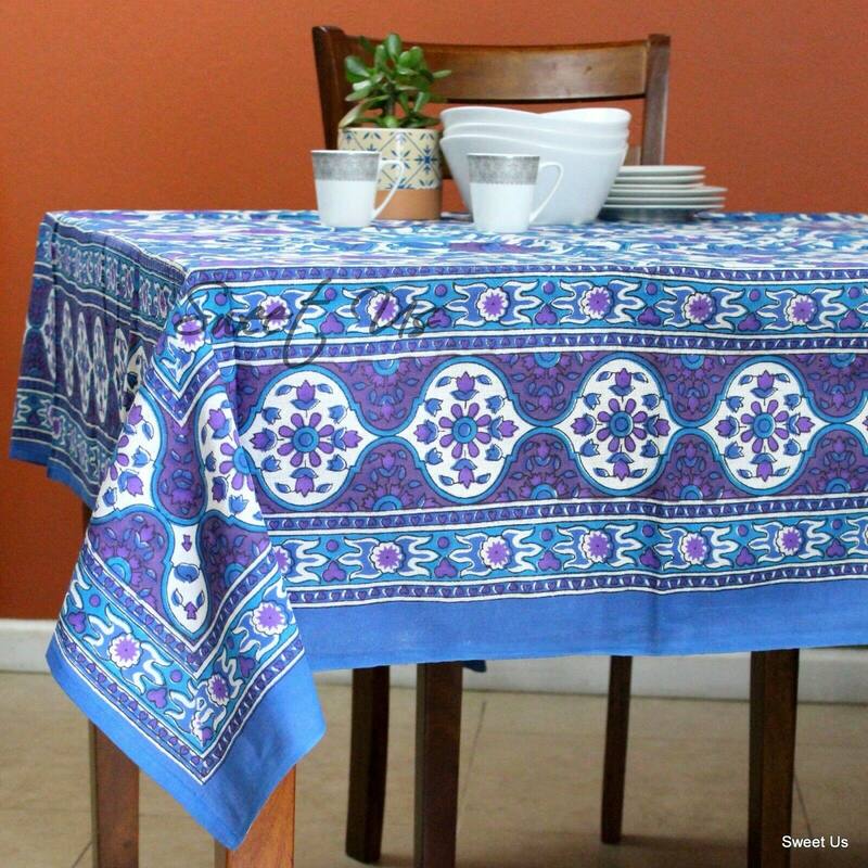 Cotton Auspicious Sunflower Floral Tablecloth Rectangle - Blue - 88 x 104 in