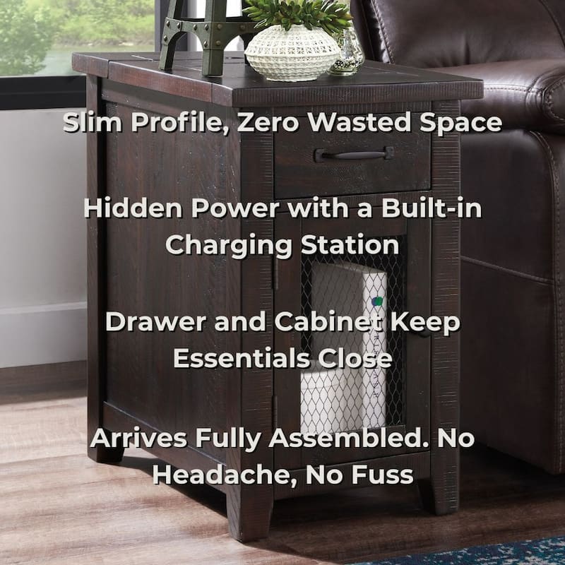Rustic Solid Wood Chairside End Table with Hidden Charging Station