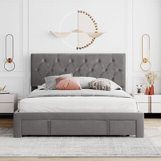 Queen Velvet Upholstered Platform Bed with Storage Drawer & Headboard ...