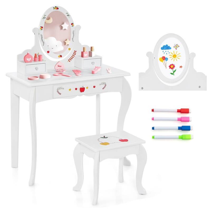 Kids Vanity and Stool Set with 360 Rotatable Mirror and Whiteboard-White - 27.5"L x 14"W x 40"H - White