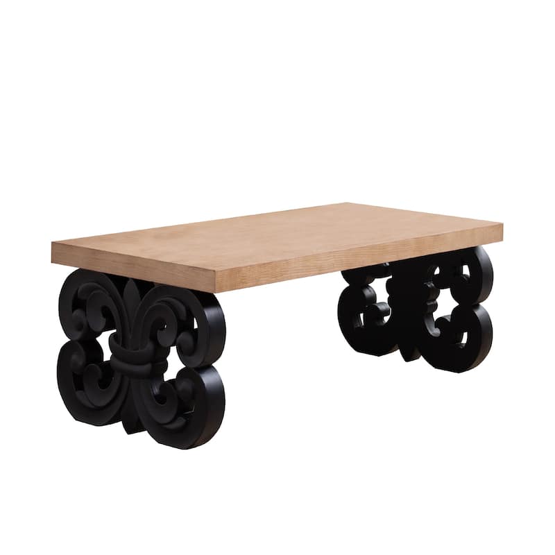 Ornate Wood Coffee Table-47" Rectangular Farmhouse Style Table with Carved Base and Natural Wood Top-Living Room Accent Table